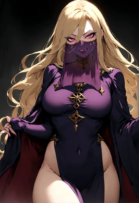 woman, cultist, long blond hair, mouth veil, perfect body, evil smile,  cultist cloak, seductive,cowboy shot, cultist clothes