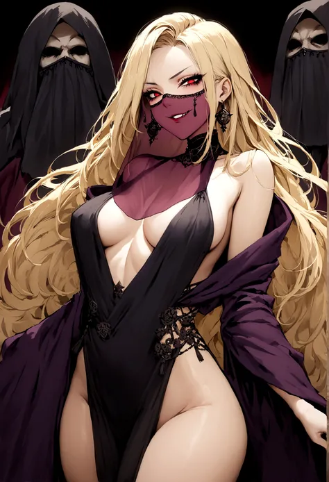 woman, cultist, long blond hair, mouth veil, perfect body, evil smile,  cultist cloak, seductive,cowboy shot, cultist clothes