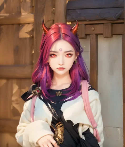 a close up of a woman with horns and a purple hair, (red eyes:1.5) , dark piercing eyes, devious evil expression, character clos...