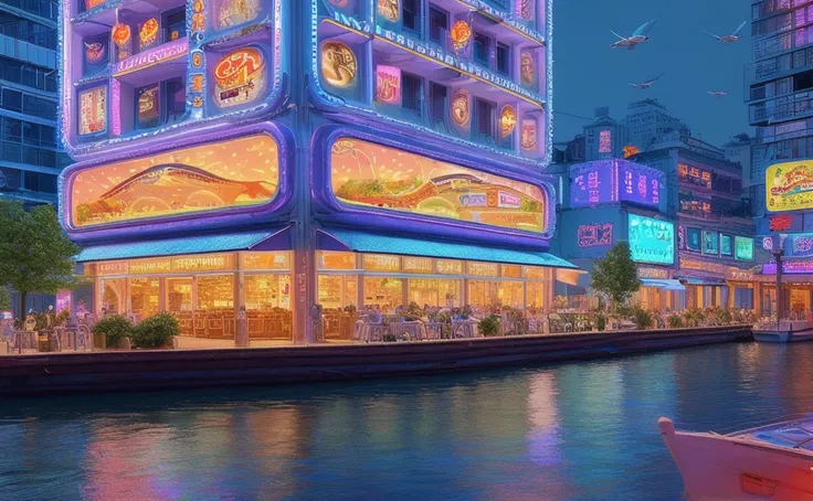 Future restaurant in 2075。Night view with flying cars and floating restaurants。The building has an organic shape、Colorful holographic advertisements scattered throughout。