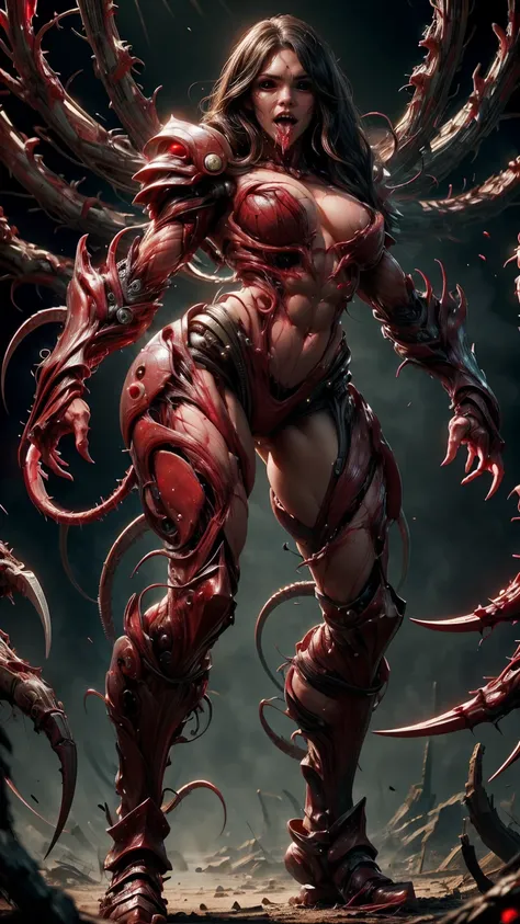 Megan fox as armored carnage, (red carnage skinless muscular bio-mecha armor:1.25), (mouth wide open, carnage style:1.25), (full body view:1.25), Realistic, Very detailed face and eyes, (masterpiece:1.1), (beautiful girl face:1.45)