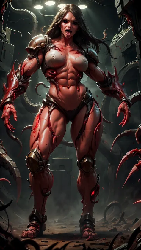 Megan fox as armored carnage, (red carnage skinless muscular bio-mecha armor:1.25), (mouth wide open, carnage style:1.25), (full body view:1.25), Realistic, Very detailed face and eyes, (masterpiece:1.1), (beautiful girl face:1.45)