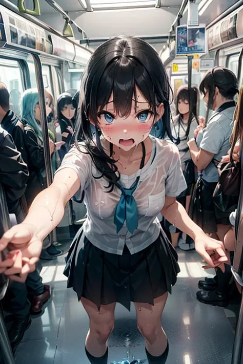 NSFW、masterpiece, 最high quality, high quality, High resolution, One girl, alone, Blue Hair, Long Hair, blue eyes, White shirt ,Black office skirt, Knee socks, whole body、Depth of written boundary, In a crowded train,(((Surrounded by men))),(((Molester)))、(...