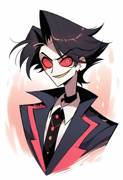 (masterpiece), best quality, expressive eyes, perfect face ,male focus, 1boy, solo, black hair, tall, slacks, collars shirt, waistcoat, Mark of Cain, Ruby eyes, stubble, furrowed brow, greying hair, Hazbin Hotel, Helluva Boss, Vivzipop style, Cain as a Sin...