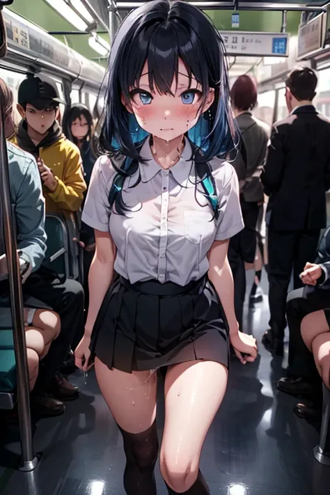 NSFW、masterpiece, 最high quality, high quality, High resolution, One girl, alone, Blue Hair, Long Hair, blue eyes, White shirt ,Black office skirt, Knee socks, whole body、Depth of written boundary, In a crowded train,(((Surrounded by men))),(((Molester)))、(...