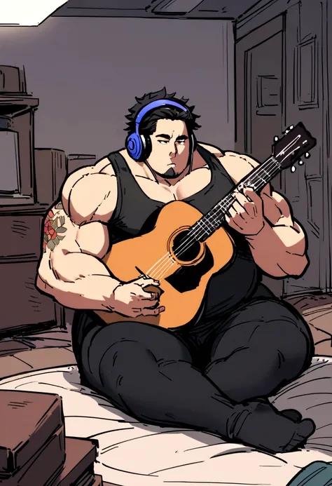 A young man is playing an acoustic guitar in a room that looks unkempt and messy, he wears big headphones in his ears, has short hair, ((big body, stocky, muscular)), and has tattoos on his arms.