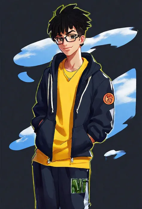 Create an anime-styled image of a young black man named Vini, 22 years old, with a height of 1.74m, in the style of Dragon Ball Z. He has a warm, friendly smile, short hair as seen in the provided photo, and expressive eyes. Vini wears black-framed glasses...