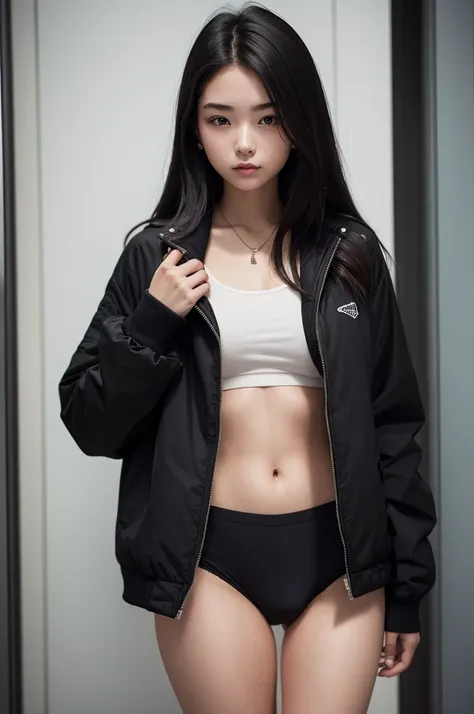 photograph of a 20 year old woman, face perfect, OGood de arte, Good, Underwear, blackw_Good, jaket, blackw_knickers