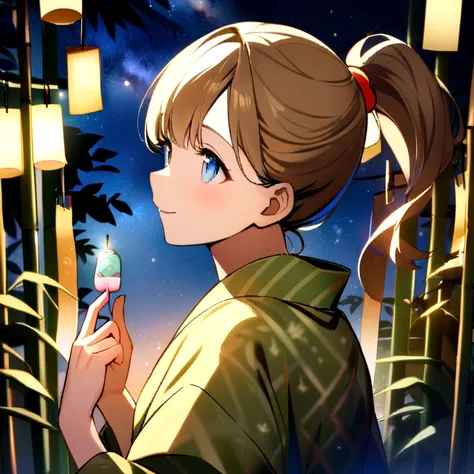 Highest quality, masterpiece, The girl who grants Wishes,blonde,blue eyes,Double exposure, The best smile, Looking up at the sky, yukata, milky way, Night view, Tanabata Festival, 大きなbambooと色とりどりの吊り飾り,Golden light particle effect、Events in Japan、Tanabata d...