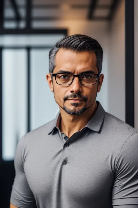 Man in glasses and gray shirt posing for photo, frontal image, profile picture with headshot, accurate detailed face, clear symmetrical face, looking directly at the camera, high-quality portrait, professional profile photo, typical cryptocurrency nerd, wi...