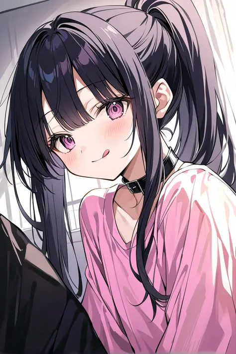 anime girl with long black hair and pink shirt looking at camera