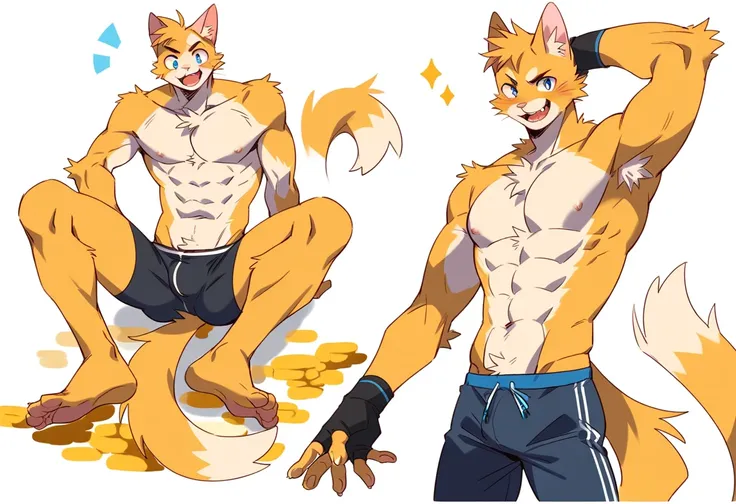 score_9, score_8_up, score_7_up, male, furry, full body, high quality, hires, anthro, teenager, 16 years old, domestic cat, yellow fur, blue eyes, handsome, excited expression, humanoid feet, shirtless, slim body, slender body, prominent v-line, prominent ...