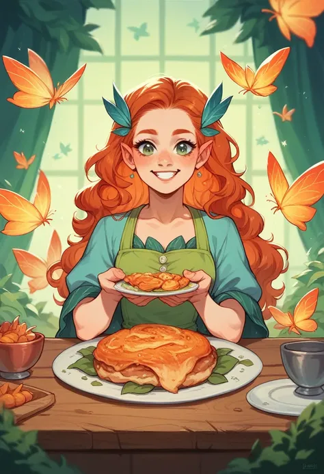 Orange redhead fairy woman, at a dinner dressed as a fini 