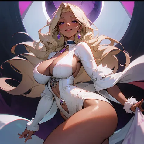 Best quality, solo mature woman, giant breasts, giant ass, very curvy, very dark skin, ash blonde long hair with curled ends, amethyst eyes, full lips, seductive, smiling, low cut dress, choker, white fur coat, diamond earring, thick thighs, curvy physique