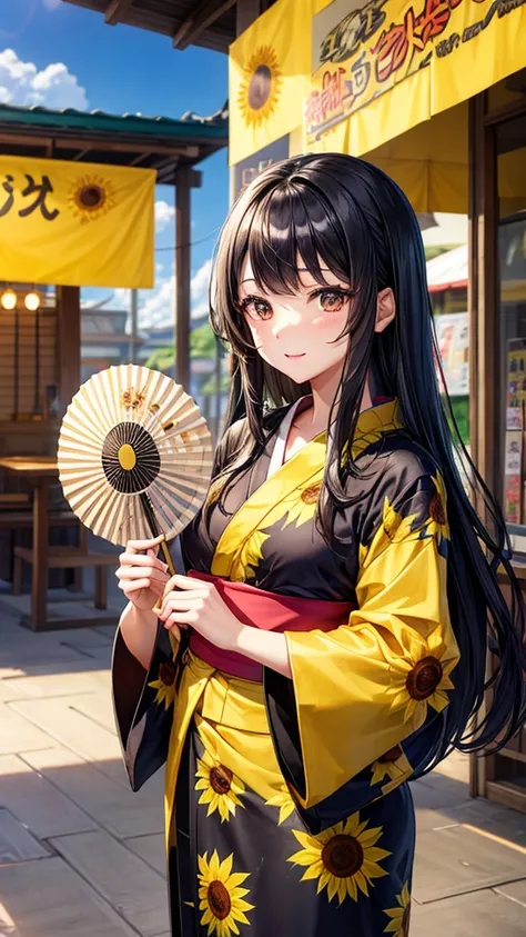 Sunflower yukata　Cute Girls　stall　Fan, long black hair　holding a fan in one&#39;s hand
