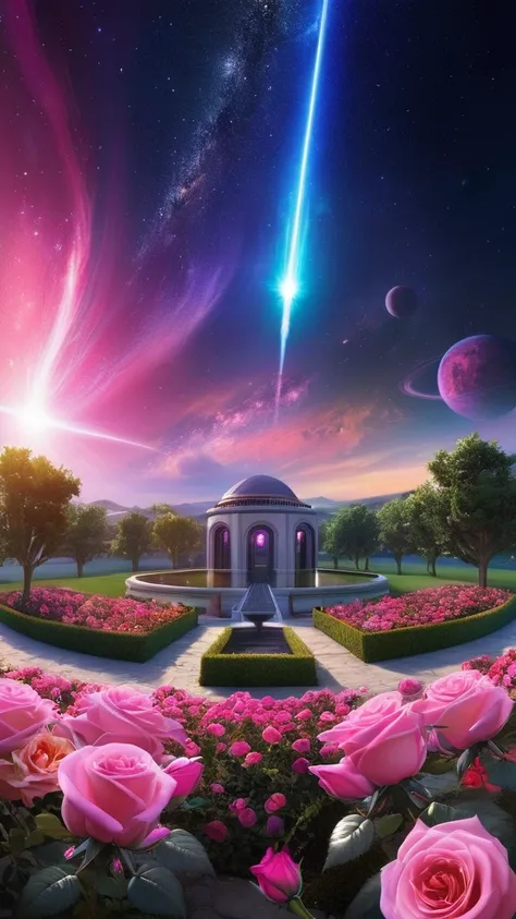 masterpiece, Concept Art, Panorama, in the center, shape, Wide Shot, garden, night, (meteor), Space galaxy background, (Great composition, Epic scale), Dynamic Lighting, Bright colors, Pink Roses,landscape