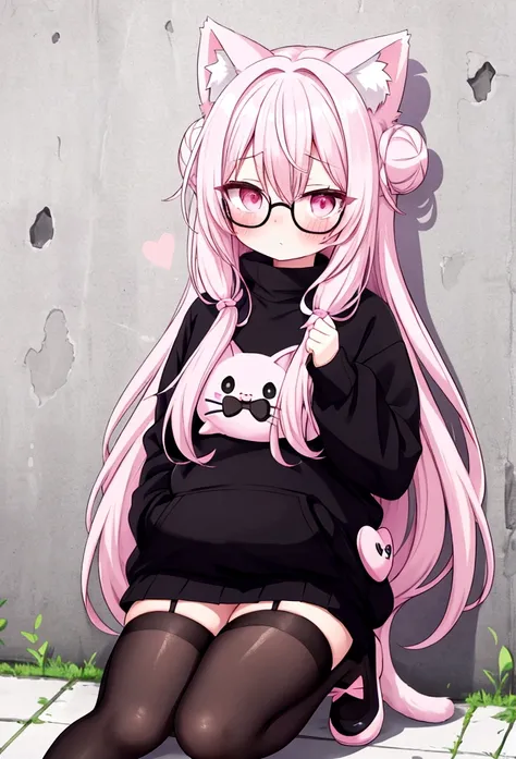 I have white pink hair, cat ears, a bun, my face is super blushing, black glasses, pink heart eyes, a big pink sweatshirt, a black skirt, black stockings, white shoes, a cat&#39;s tail, a girl. very shy that she is glued to a wall with her butt