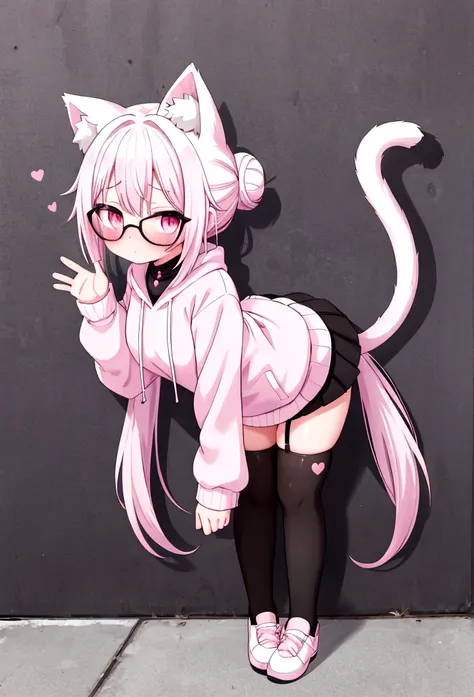 I have white pink hair, cat ears, a bun, my face is super blushing, black glasses, pink heart eyes, a big pink sweatshirt, a black skirt, black stockings, white shoes, a cat&#39;s tail, a girl. very shy that she is glued to a wall with her butt