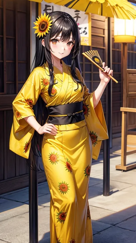 Sunflower yukata　Cute Girls　stall　Fan, long black hair　holding a fan in one&#39;s hand
