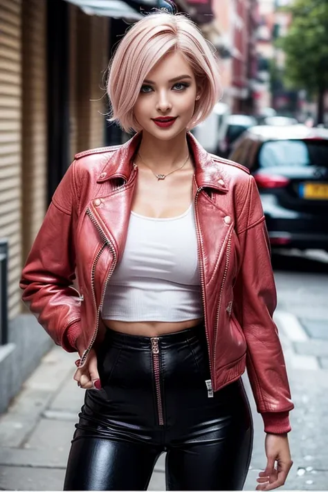 (masutepiece, Best Quality), ultra-detailliert, Photorealsitic, a short pink hair, beautiful female model, ((Coordinating sexy leather jackets)), leather pant, open-shirt, high-heels, a necklace, Ring Accessories, short Hair, Perfect face, Beautiful face, ...