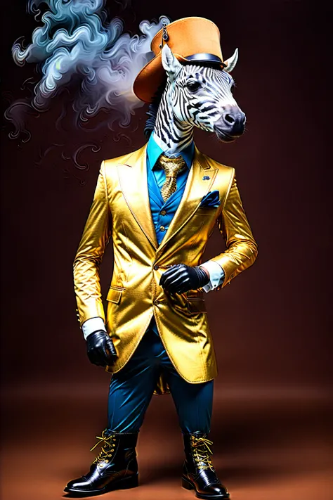 

So you can edit it later、Sunglasses that open up space above your head　Gold suit and sunglasses、Full body zebra print Anthropomorphic zebra。金色スーツのセットアップにサングラス
金色のスーツにサングラスのファッションでド派手な装飾した独特のポーズをする

The background is darkに怪しげな金色の煙、A mysterious golden ligh...