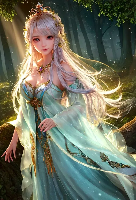 Create a stunning fantasy image that highlights a beautiful girl. She is in the center of an enchanted forest, surrounded by ancient and mystical trees that emit a soft magical light. Her clothing is elegant and ethereal., with a dress that seems to be mad...