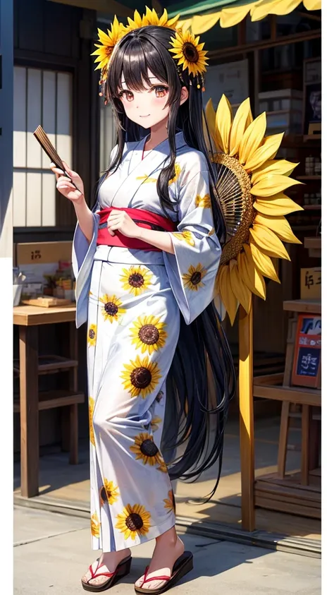 Sunflower yukata　Cute Girls　stall　Fan, long black hair　holding a fan in one&#39;s hand
