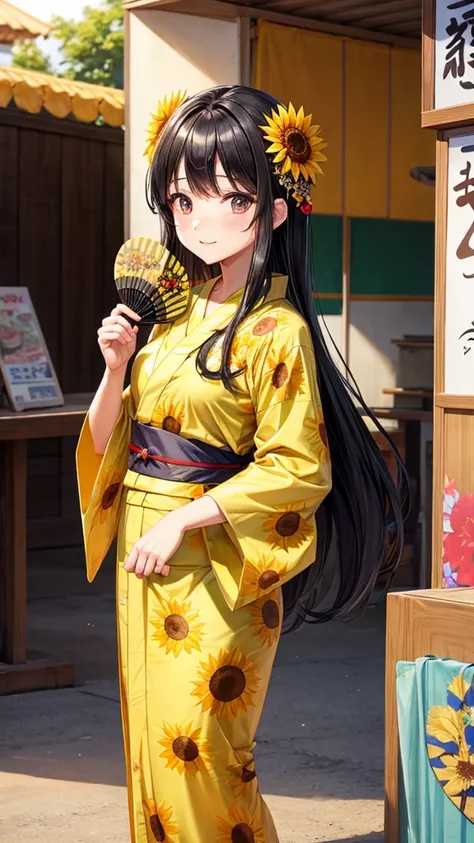 Sunflower yukata　Cute Girls　stall　Fan, long black hair　holding a fan in one&#39;s hand
