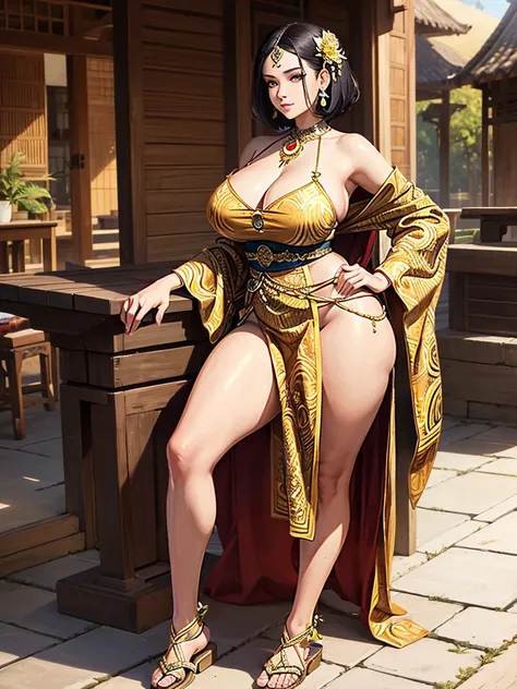 Stunning Beauty Voluptuous Javanese Wife, Photorealistic portrait, very huge chest, wearing thin soft silk batik short daster with long slit, and wooden sandals, off shoulder, black short hair, brown skin, luxurious Javanese mansion in background, beautifu...