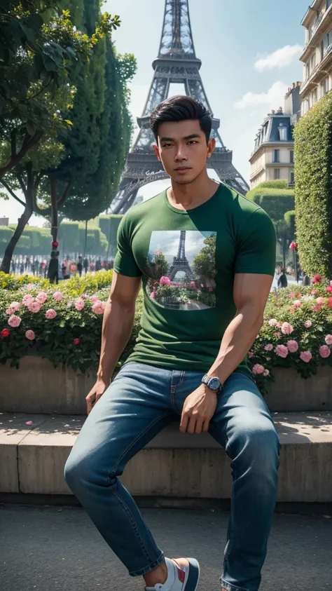 4D realistic image of the dynamic pose of a handsome Indonesian man with a vintage Eiffel Tower background, wearing a casual t-shirt and jeans, Paris streets with flower gardens and green trees, detail, soft lighting, romantic atmosphere, photography, high...