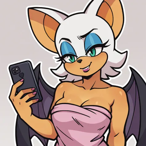 score_9_presence, score_8_up, rouge the bat, wrapped in towel, medium breasts, holding phone