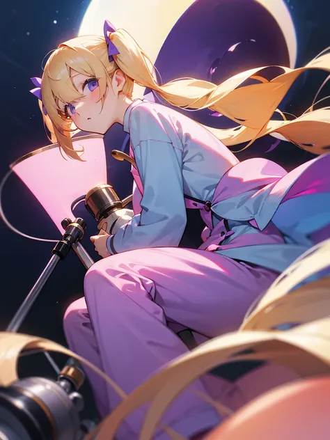 Blonde twin tails, purple droopy eyes, light blue pajamas, pink crescent moon, telescope