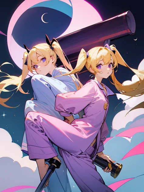 Blonde twin tails, purple droopy eyes, light blue pajamas, pink crescent moon, telescope