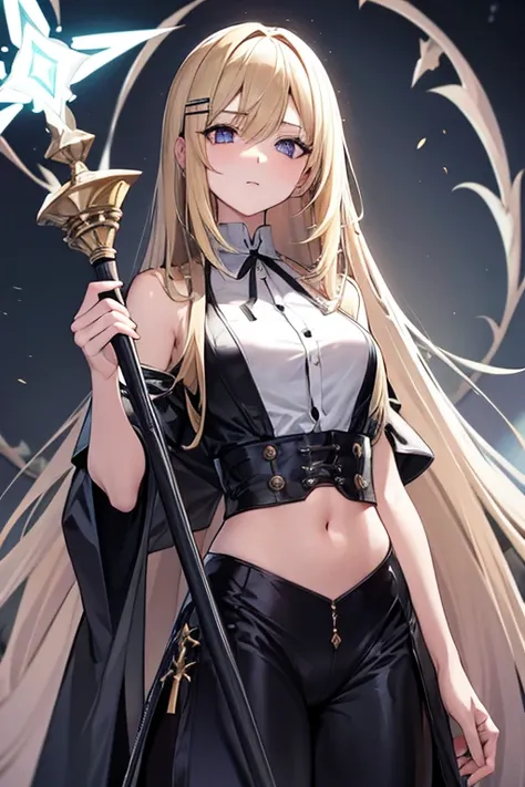 Blonde girl with long hair, silver eyes, hair clips, slightly revealing exorcist clothes, holding a magic staff