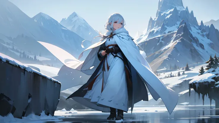 A woman in a cloak of ice and snow, snow-white hair and a cold look. The background is a winter scene with falling snow and ice-covered mountains.