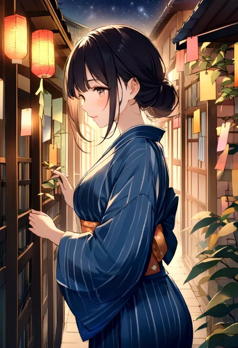 A fusion of graphic art and painting art、girl、yukata、night、Starry Sky、Tanabata、Kyoto、front、Uplifting、Transparency、Bright Cities、wood々is rich、morning、High quality、Detailed Background、high resolution、Sparkling