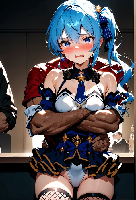 NSFW,masterpiece,Highest quality,High resolution,Super detailed,Star Town Suisei(Hololive),Blue Hair,One Side Ponytail,Blue Eyes,Small breasts,White leotard,High leg,Removable sleeves,Micro Mini Skirt,Fishnet tights,Adventurer&#39;s Guild,Reception counter...