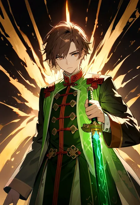 white boy with brown hair, Brown eyes, magic sword on his back, green chinese ceremonial suit, immersed in an energy (similar to syaoran li)
