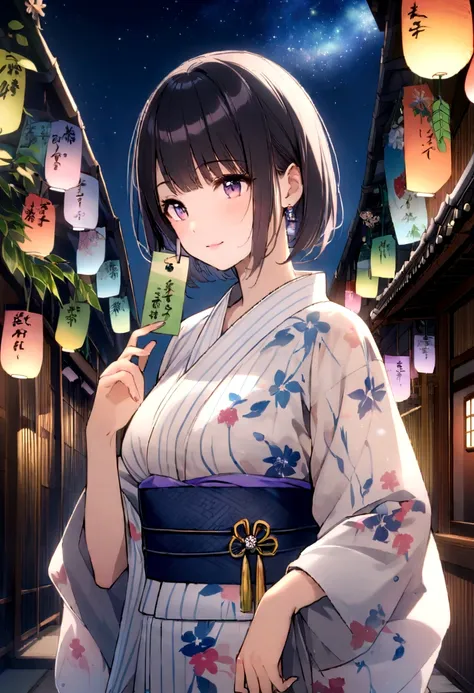 A fusion of graphic art and painting art、girl、yukata、night、Starry Sky、Tanabata、Kyoto、front、Uplifting、Transparency、Bright Cities、wood々is rich、morning、High quality、Detailed Background、high resolution、Sparkling