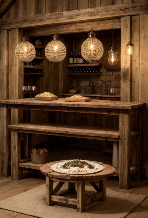 a delicious pasta dish, rustic wooden table, Italian recipe, glass of wine, illuminated environment