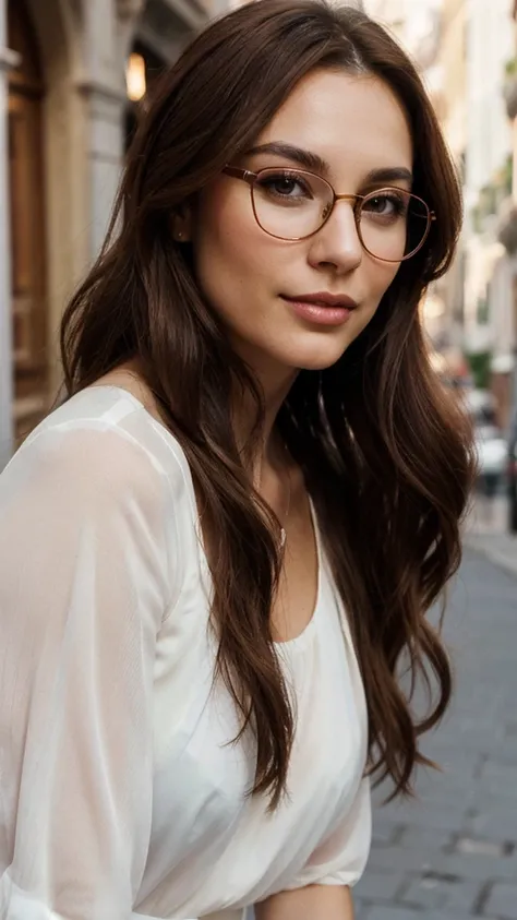 creates a 28-year-old girl, long copper-brown hair, oval face, brunette with Italian, with glasses, brown eyes, charismatic, friendly, fashion designer, standing, with white background, photos taken with the iPhone 14pro three-lens camera max, with natural...