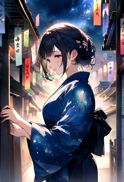 A fusion of graphic art and painting art、girl、yukata、night、Starry Sky、Tanabata、Kyoto、front、Uplifting、Transparency、Bright Cities、wood々is rich、morning、High quality、Detailed Background、high resolution、Sparkling