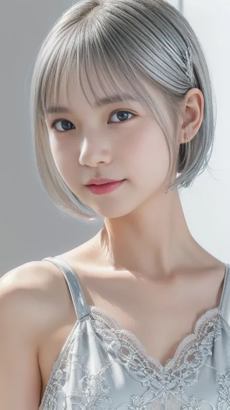 a cute ultra young japanese girl, extremely detailed face, NO makeup,beautiful eyes with long eyelashes, charming eyes,dropped eyes,small delicate nose, lovely smiling lips, (short silver hair:1.5), (porcelain white skin, wearing a lacy one-piece dress, sl...