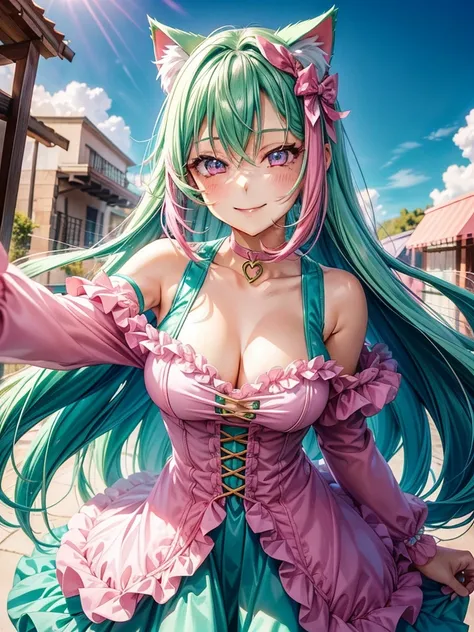 ((Pink green hair color)), pink eyes, woman, teal blue gold clothes,happy face, sexy outfit, cat ears, hearts, floating hearts, face only,  long hair, smiling, hair ornament, up close face,  sexy clothes, sexy women , closed mouth smile, up close face, hai...