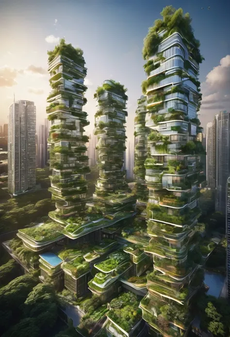 Capture a breathtaking aerial view of a futuristic city, a green utopia with gleaming skyscrapers reaching into the sky. The city is lush with greenery, featuring vertical gardens on the buildings, rooftop parks, and tree-lined streets. Advanced technology...