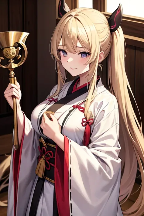 Blonde girl with long hair, silver eyes, hair clips, slightly revealing exorcist clothes from the heian era, holding a staff, Loose hair with two small ponytails on the sides, cup b breast and slightly smiling sadistically