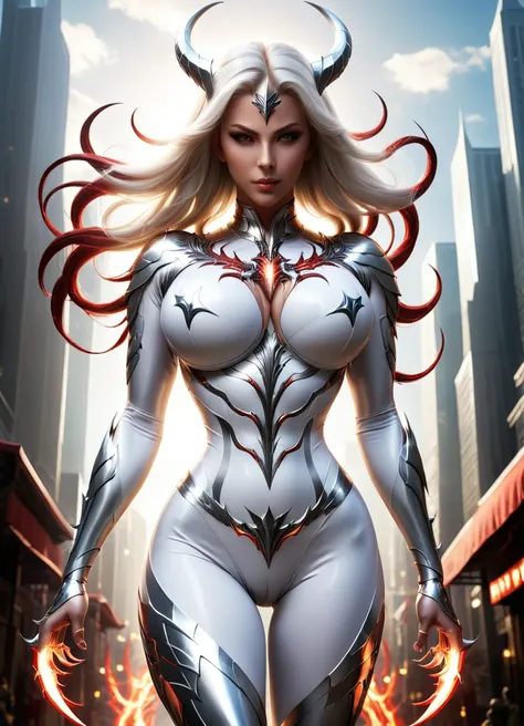 concept art (Digital Artwork:1.3) of (Simple illustration:1.3) a demon woman in a silver and white costume standing in a city, legs spread wide open, busty, curvy hips, thicc, from lineage 2, wearing witchblade armor, lineage 2 revolution style, unreal eng...