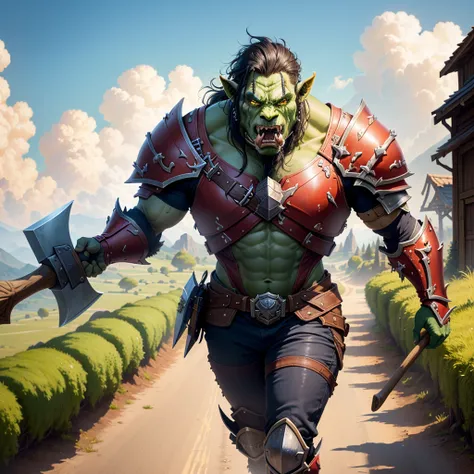 World of Warcraft horde cinematic 4k green orc rpg d&d holding an ax in his hand character d&d very detailed, punctuation_9, punctuation_8_High above, punctuation_7_High above, standing alone, male focus, mature man, orc, greenskin, fangs, Barba, plein-air...