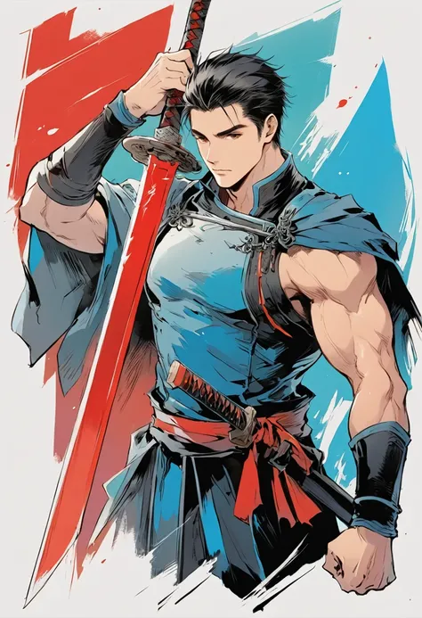 Chinese swordsman，Male swordsman，muscular，short hair，Handsome，Simple lines，Abstract Art，Holding a red long sword，