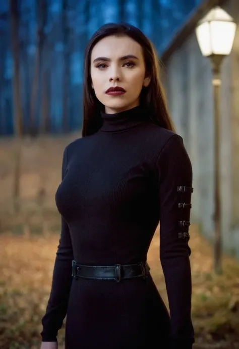 cinematic film still 20 yo mathildamaysdxl in elegant turtleneck dress, in sci-fi vampire movie set . shallow depth of field, vi...